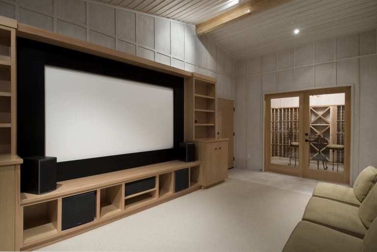 home,theater,with,wine,tasting,room,,big,screen,,wood,cabinets,