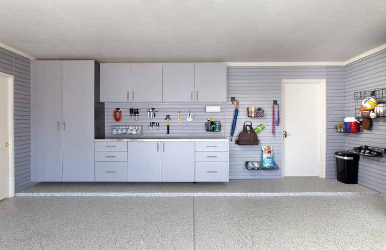 silver cabinets stainless counter grey slatwall barker 2012
